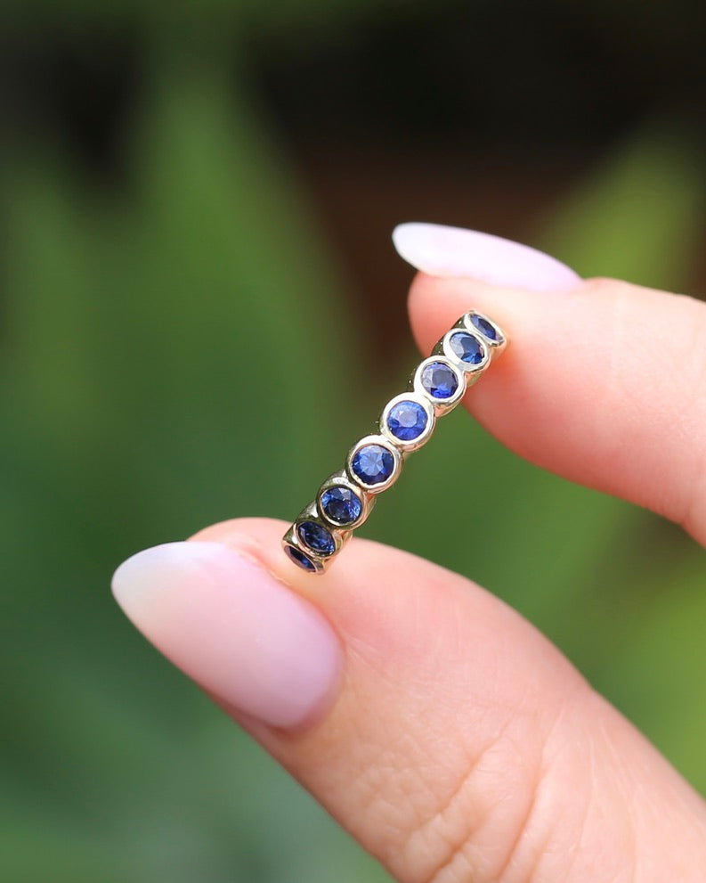 Second Glance - 9 Stone Bezel Set Blue Sapphire Bubble Half Eternity Ring, 9ct Yellow Gold, size N or just over 6.5, 2.80g