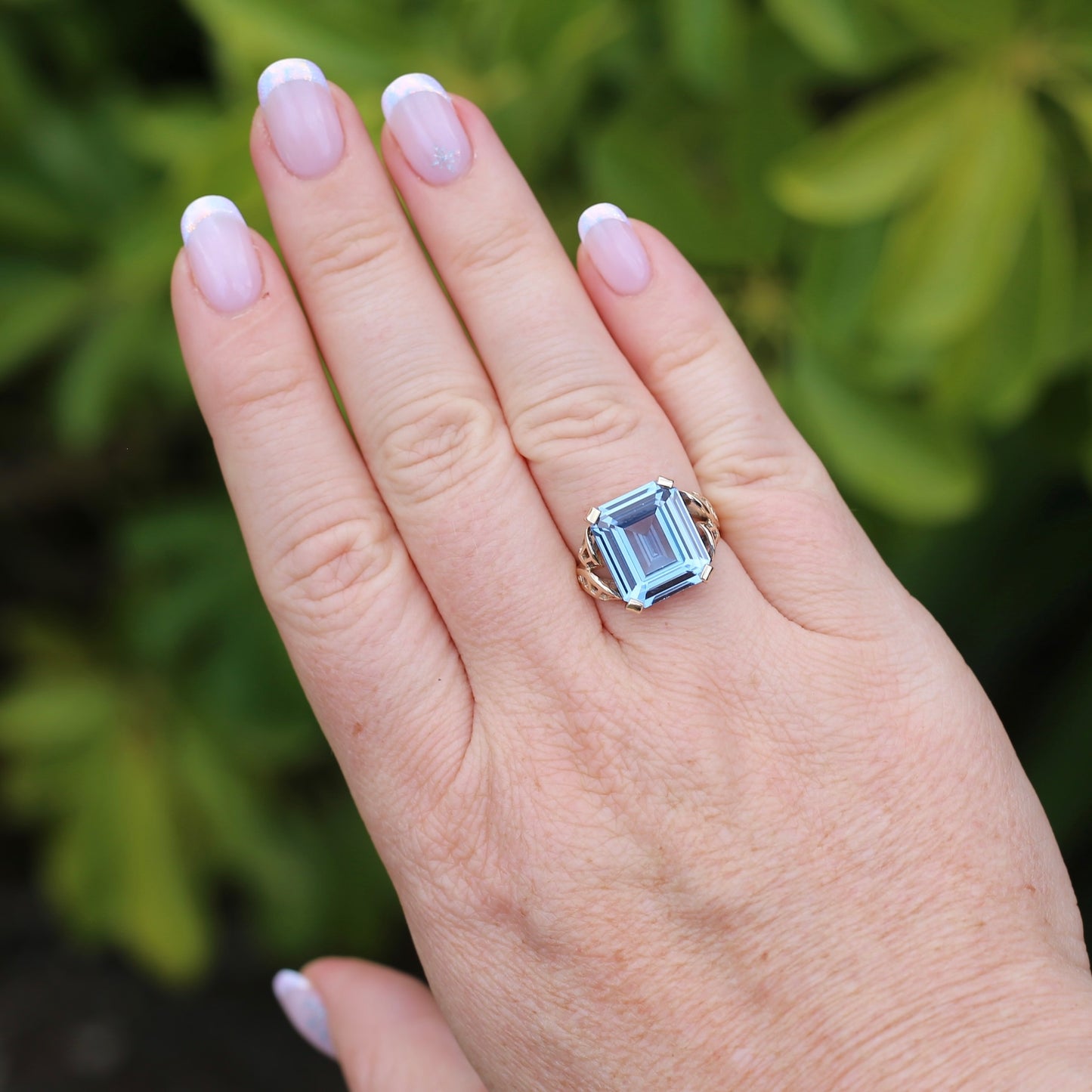 Mid Century Emerald Cut Blue Spinel Cocktail Ring, size N1/2 or 6.75