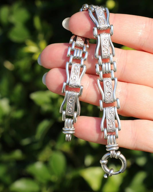 Fancy Link Engraved Bracelet, Sterling Silver, With Italian Bolt Clasp, 24.3g, 19cm