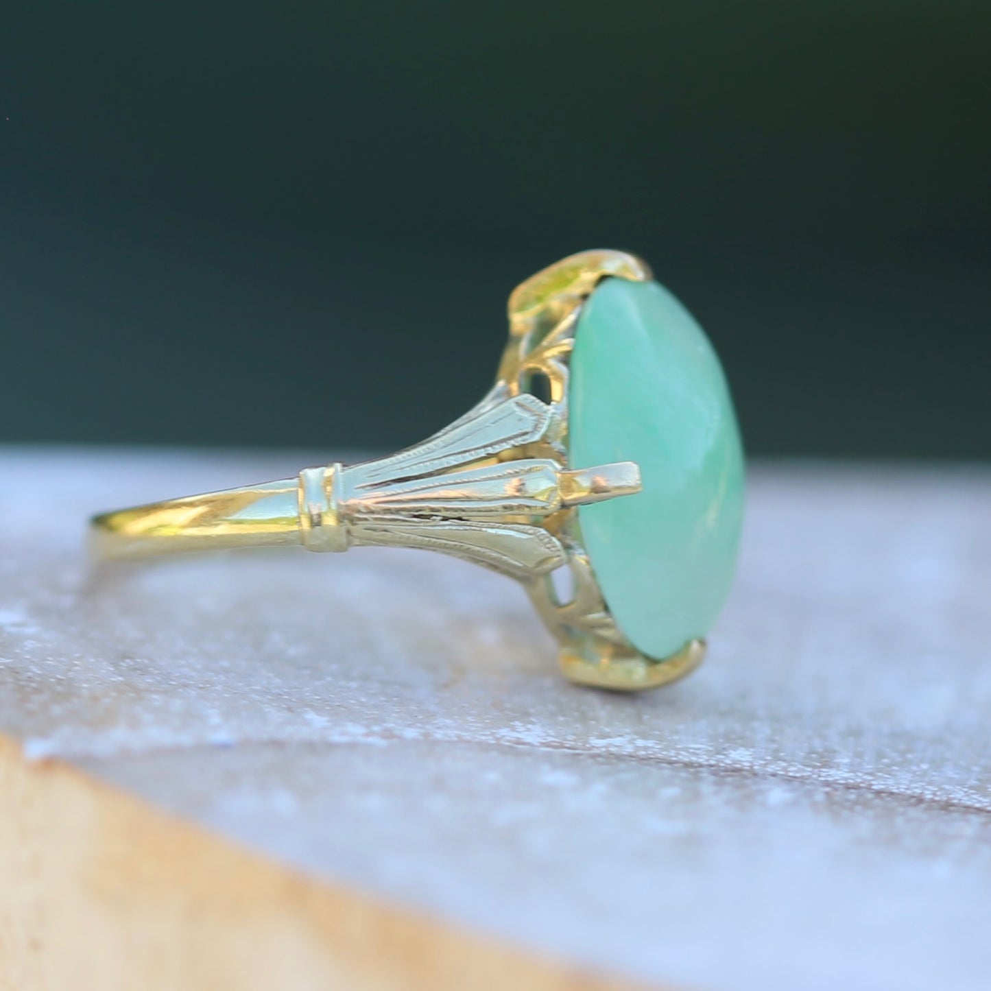 Apple Green Oval Jade Cabochon, 14ct Yellow Gold Claws with Fab Shoulders, size 5.5 or K1/2