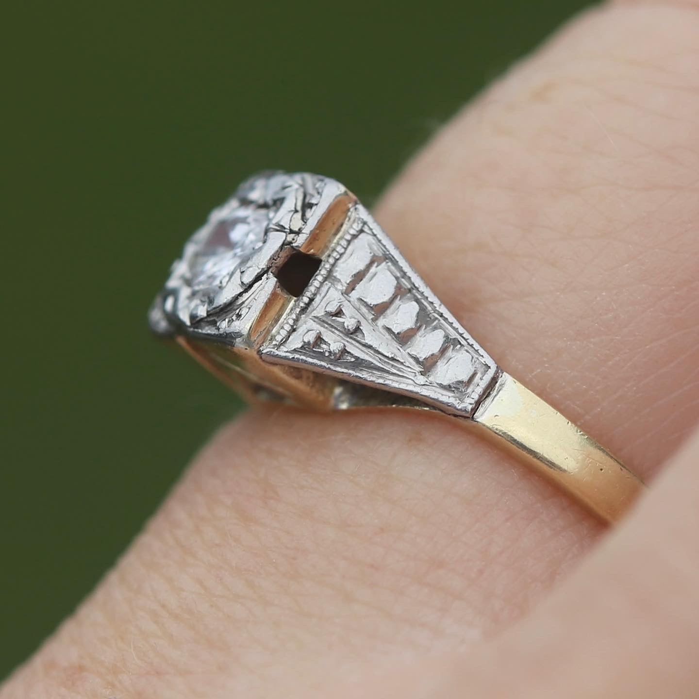 1930s Art Deco Inspired Platinum and 18ct Gold Solitaire Ring, size N or almost 6.75