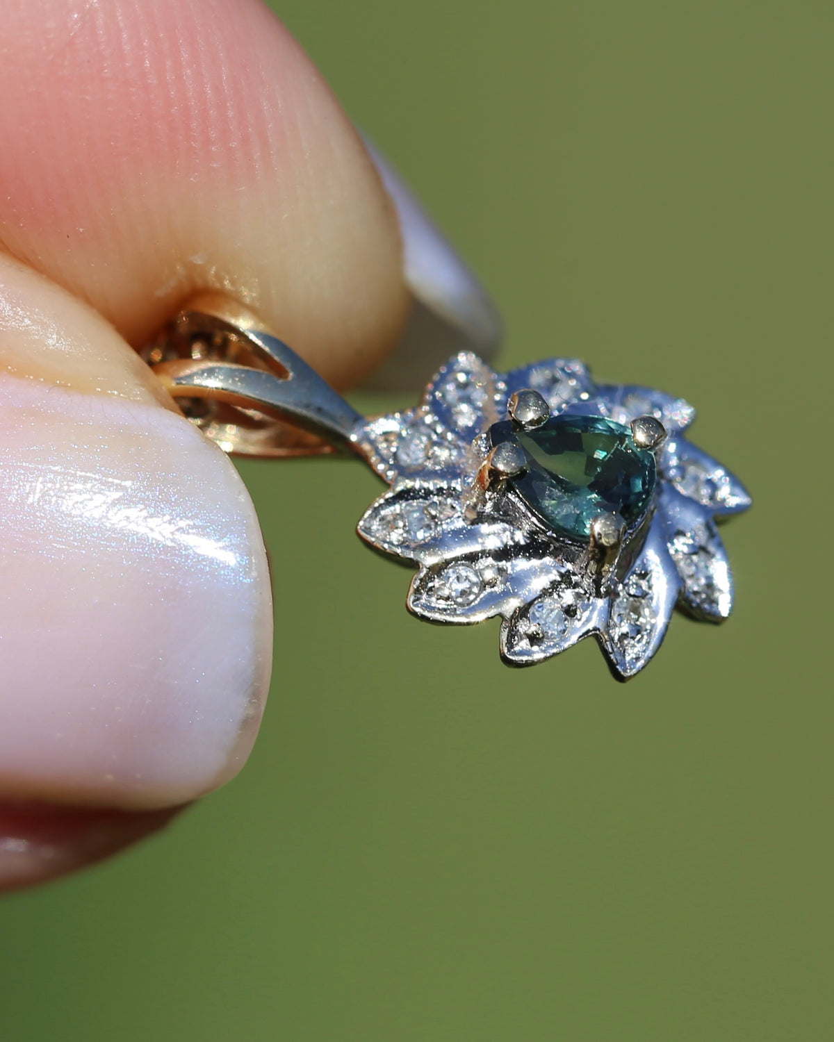 0.3ct Natural Green Parti and Natural Illusion Set Diamond Leaf Halo Pendant, 9ct Yellow Gold, 0.72g