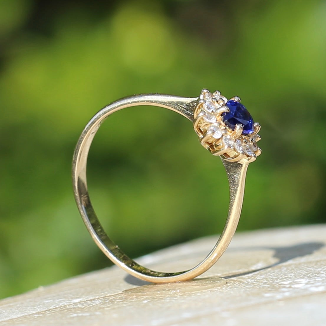 Pear Shaped Sapphire with Halo, 14ct and 18ct Yellow Gold, size 7 or just under O