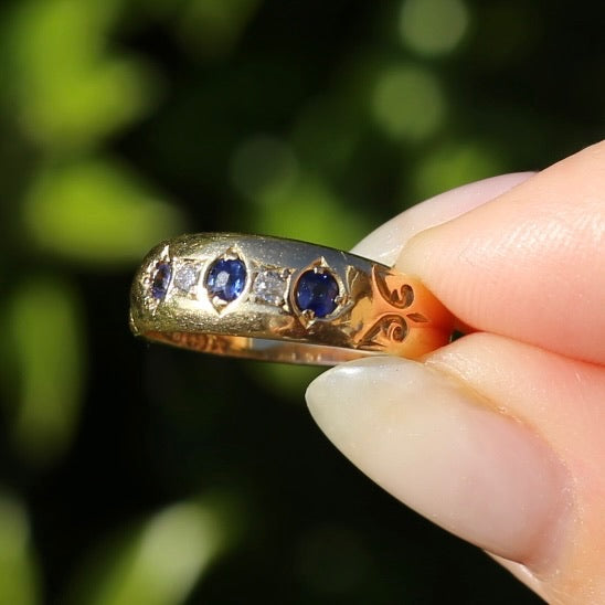 1897 Old Cut Sapphire and Diamond Five Stone Ring, 18ct Yellow Gold, size O or 7.25