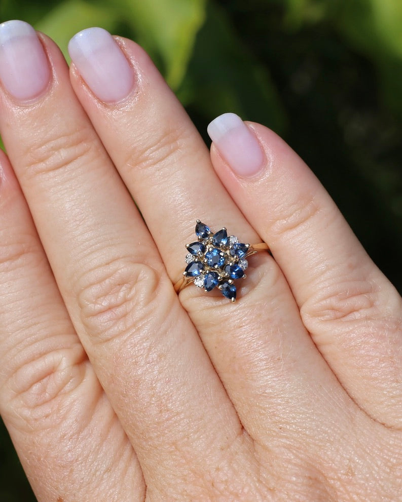 Vintage Blue Sapphire and Diamond Cluster Ring, 9ct Yellow Gold, size N or 6.75, 2.34g