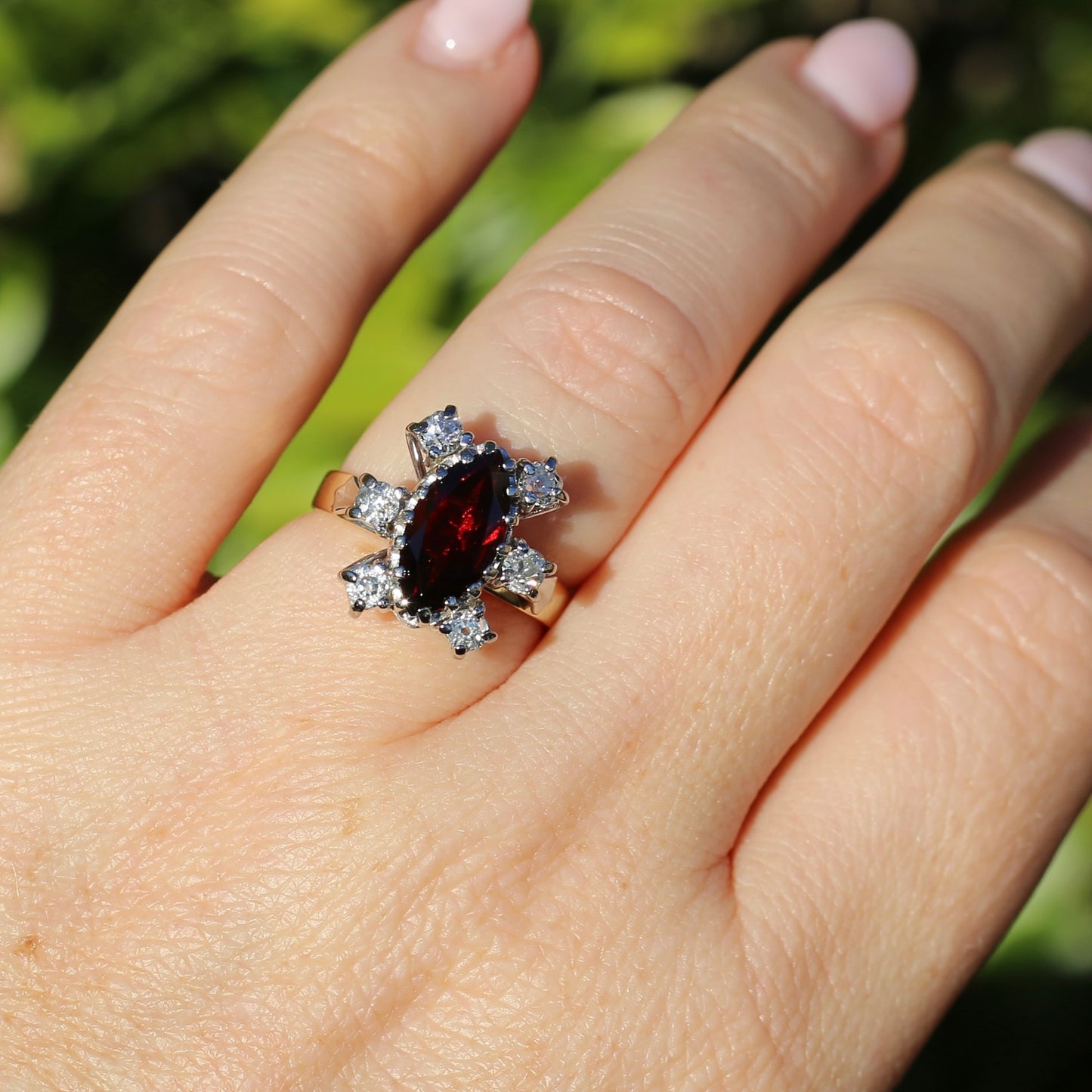 Viking feel Marquise Garnet With 6 Transitional Cut Diamonds, 18ct White and Yellow Gold, size N1/2 or 7