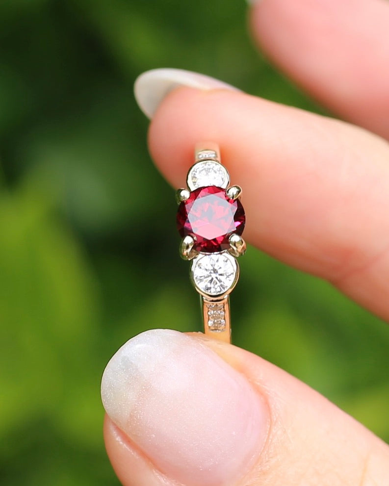 East African Rhodolite Garnet and Diamond Dais Trilogy, 9ct Yellow Gold, size S or 9.25