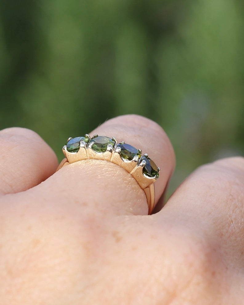 1.75ct Four Stone Natural Green Tourmaline Ring, 9ct Yellow Gold, size N1/2 or just over 6.75, 2.37g