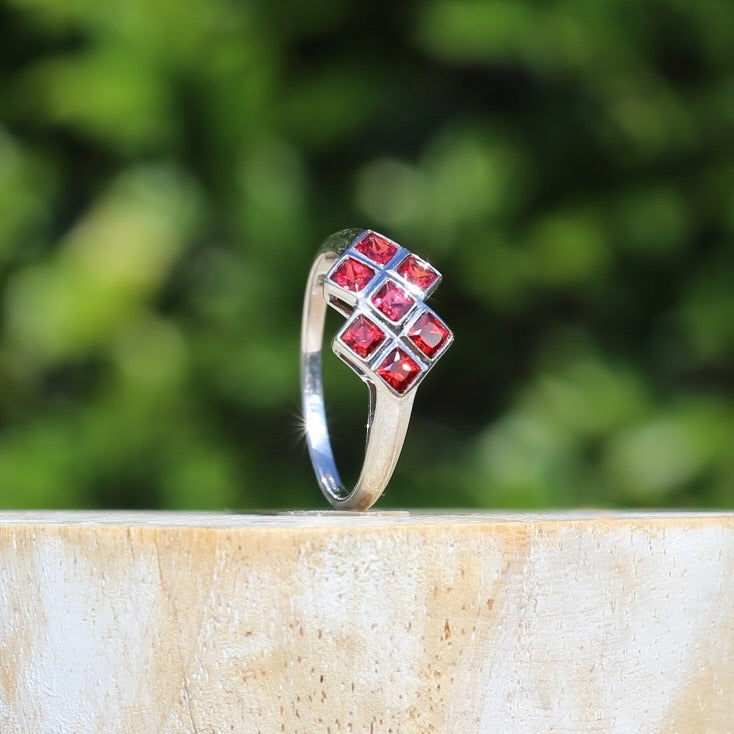 Modern Princess Cut Checkerboard Ruby Ring, 9ct White Gold, size Q or 8.25