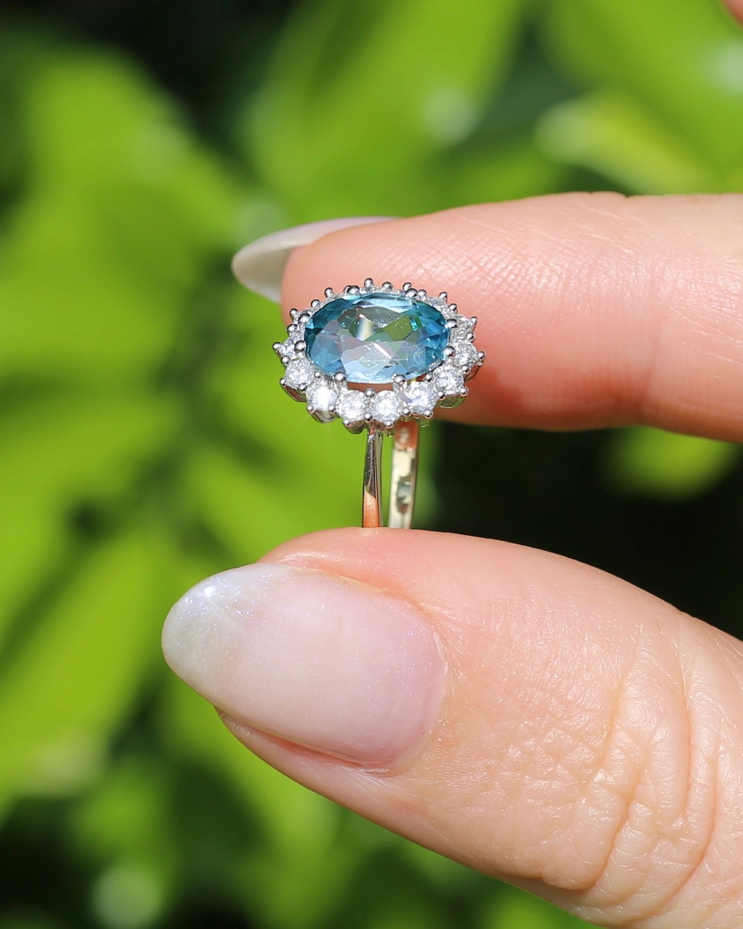 2.79ct Oval Blue Zircon and Diamond Halo, Vintage 9ct White and Yellow Gold, size M1/2 or 6.5