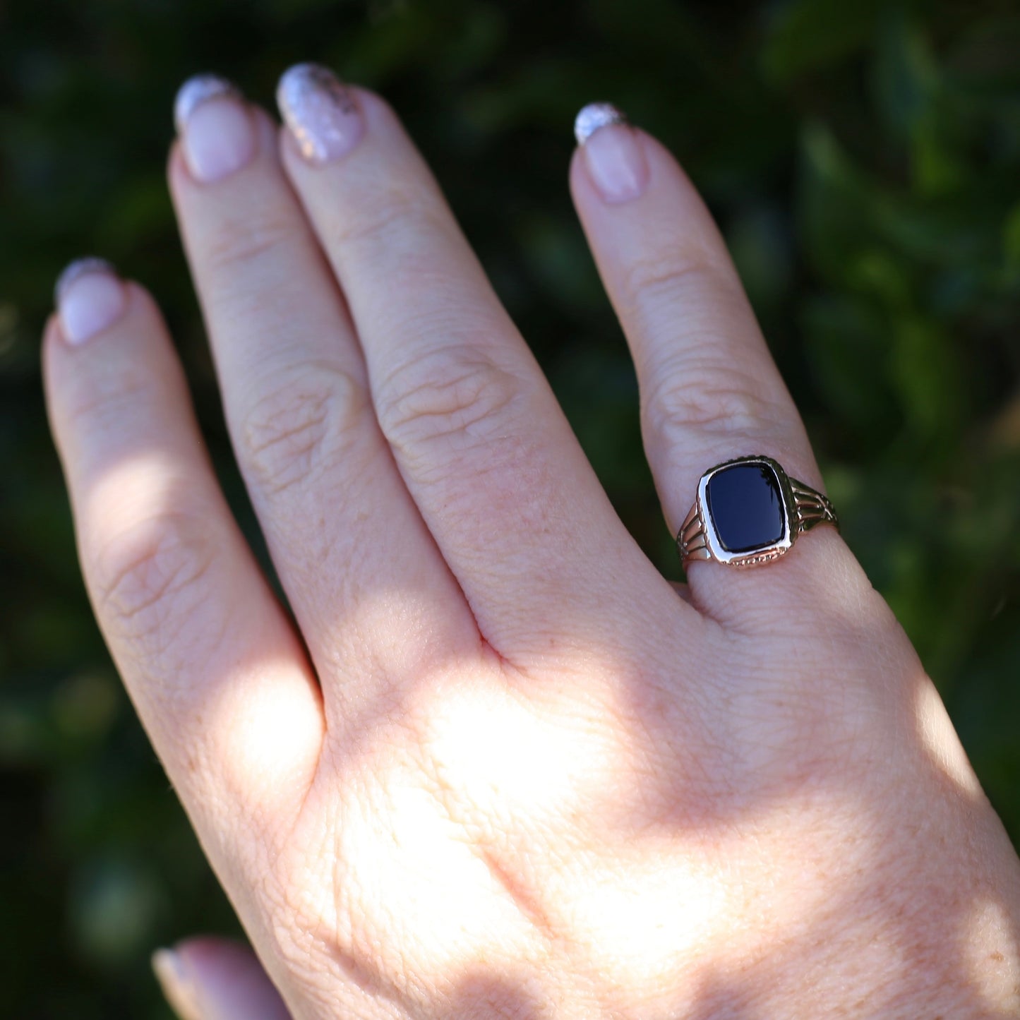 Vintique Onyx Signet Ring with Engraved Shoulders, 9ct Rosey Gold, size K1/2 or 5.5