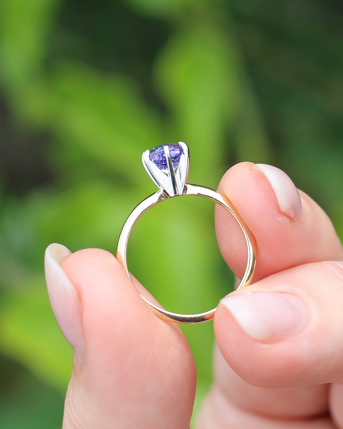 6mm Tanzanite Round Solitaire, 14ct Yellow and White Gold, size N1/2 or 7, 2.57g