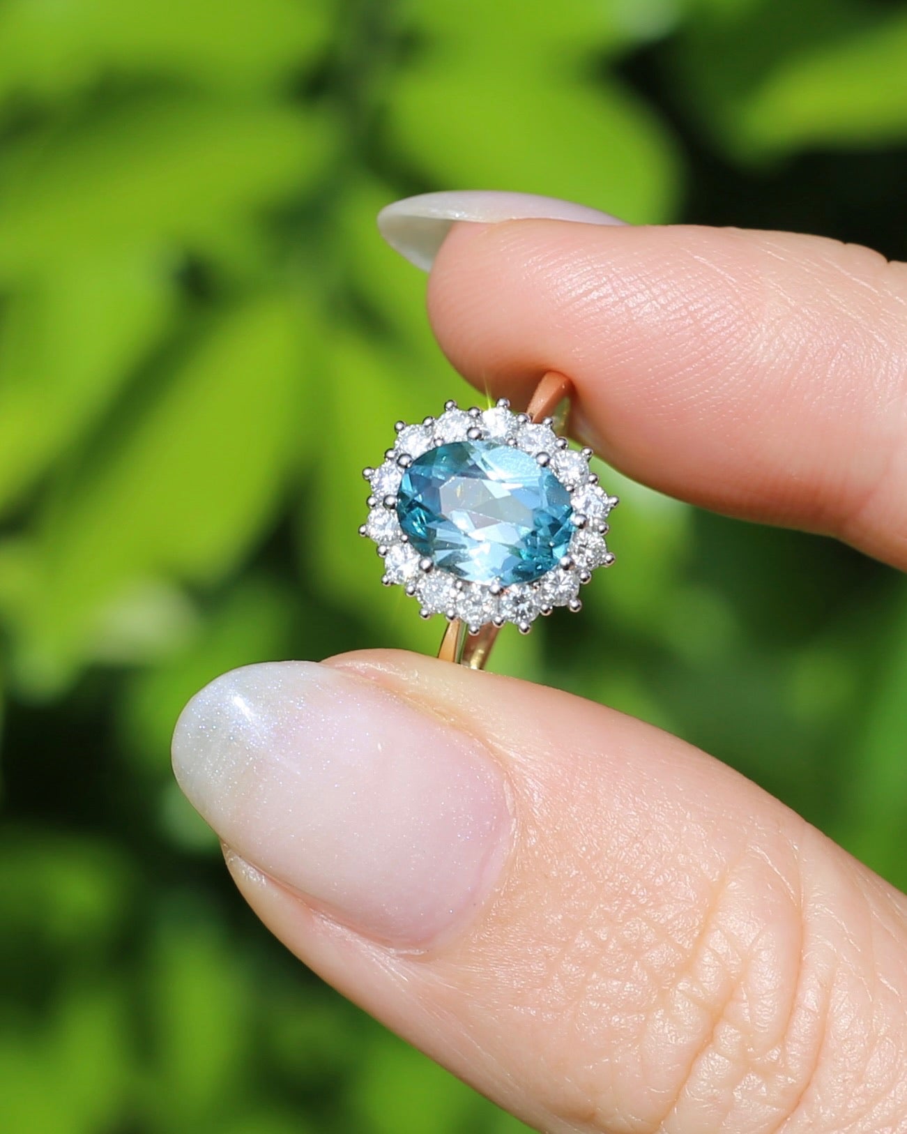 2.79ct Oval Blue Zircon and Diamond Halo, Vintage 9ct White and Yellow Gold, size M1/2 or 6.5