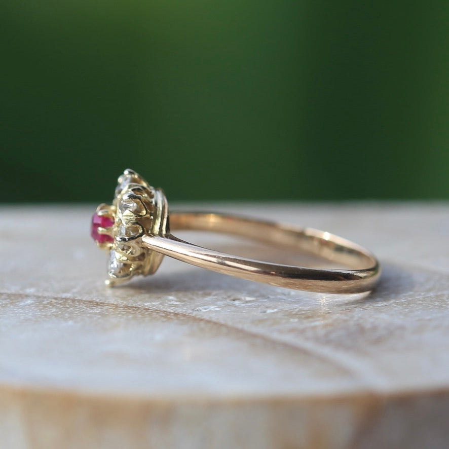 Antique Ruby and Old Cut Diamond Cluster, 15ct Yellow Gold, size O or 7.25 with valuation