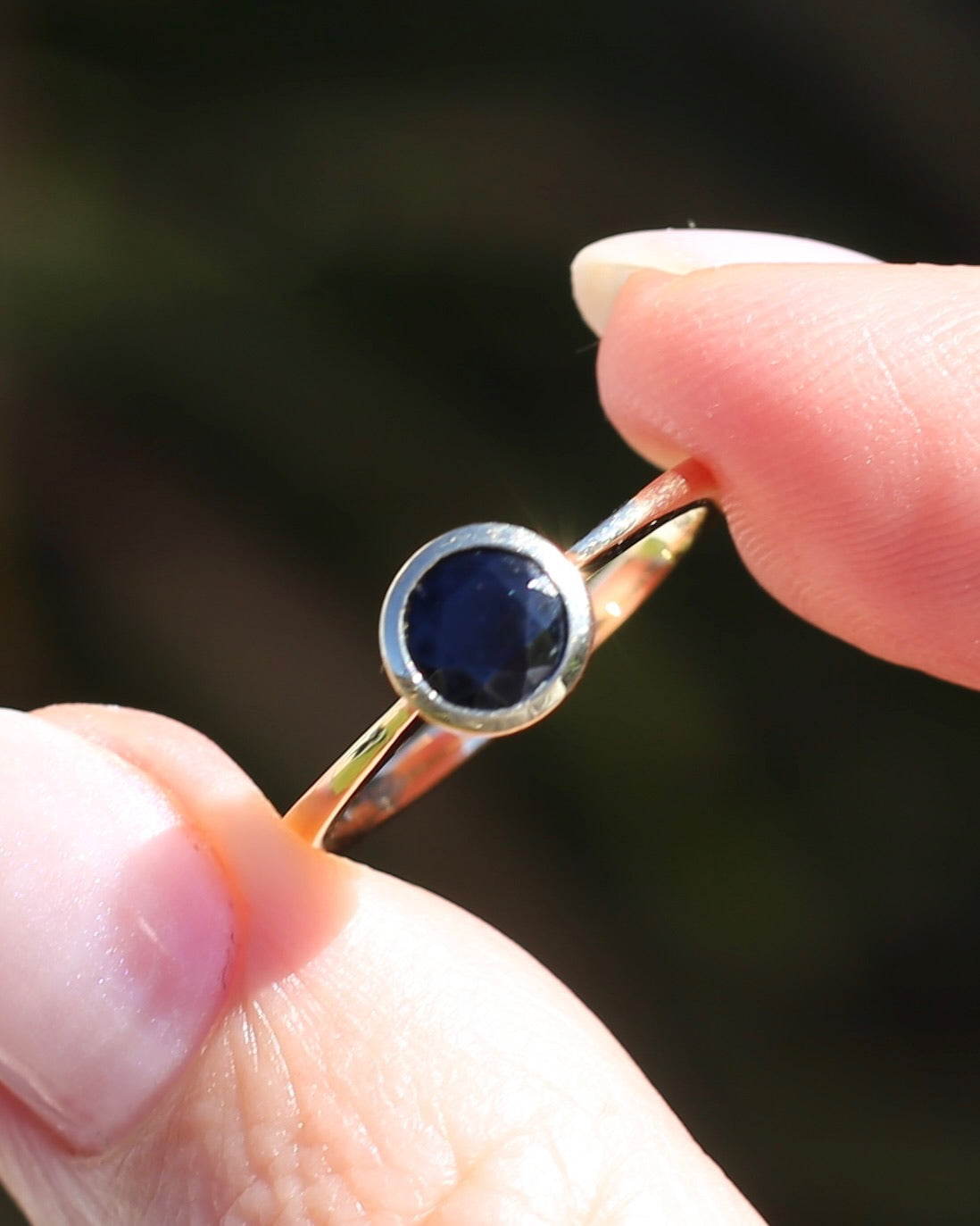 Bezel Set Opaque Navy Sapphire, 9ct Yellow Gold, size O or 7.25