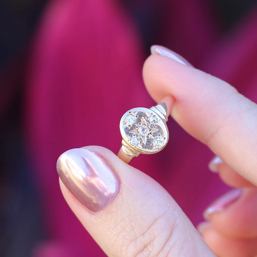 Early Australian Joseph Lawrence Signet Ring, Star Set with 5 Old Cut Diamonds, size T or 9.5