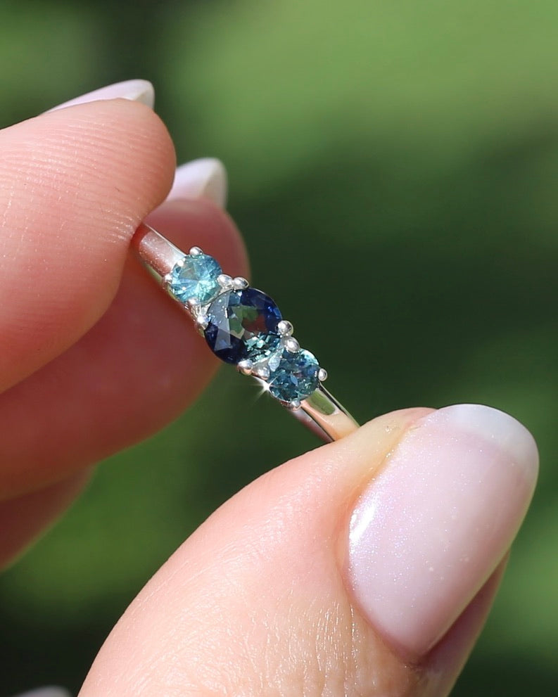 0.85ct Natural Parti Sapphire Trilogy Ring, Sterling Silver, size Q or 8.25, 1.98g