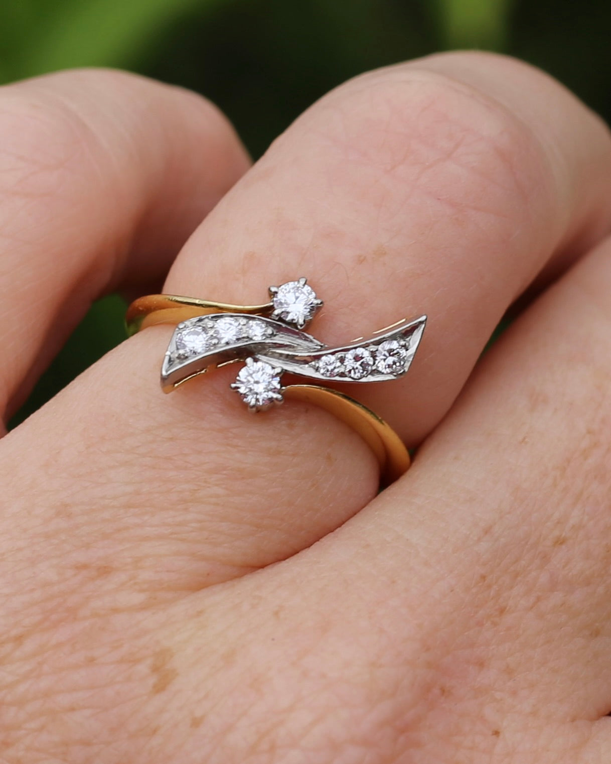 Antique Circa 1910 "Belle Epoque Toi et Moi" Asymmetric Diamond Bow Ring, 18ct Yellow Gold and Platinum, size L1/2 or 6, 3.62g