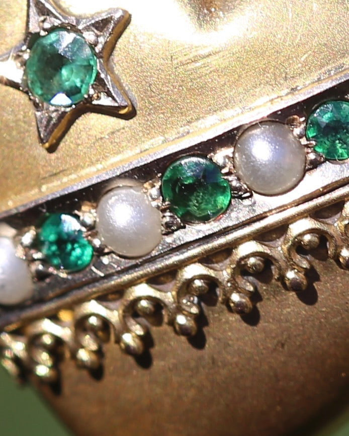 Early Australian Aronson & Co Puffy Heart set Pendant with Pearl and Green Gems, 9ct Yellow Gold, 2.59g