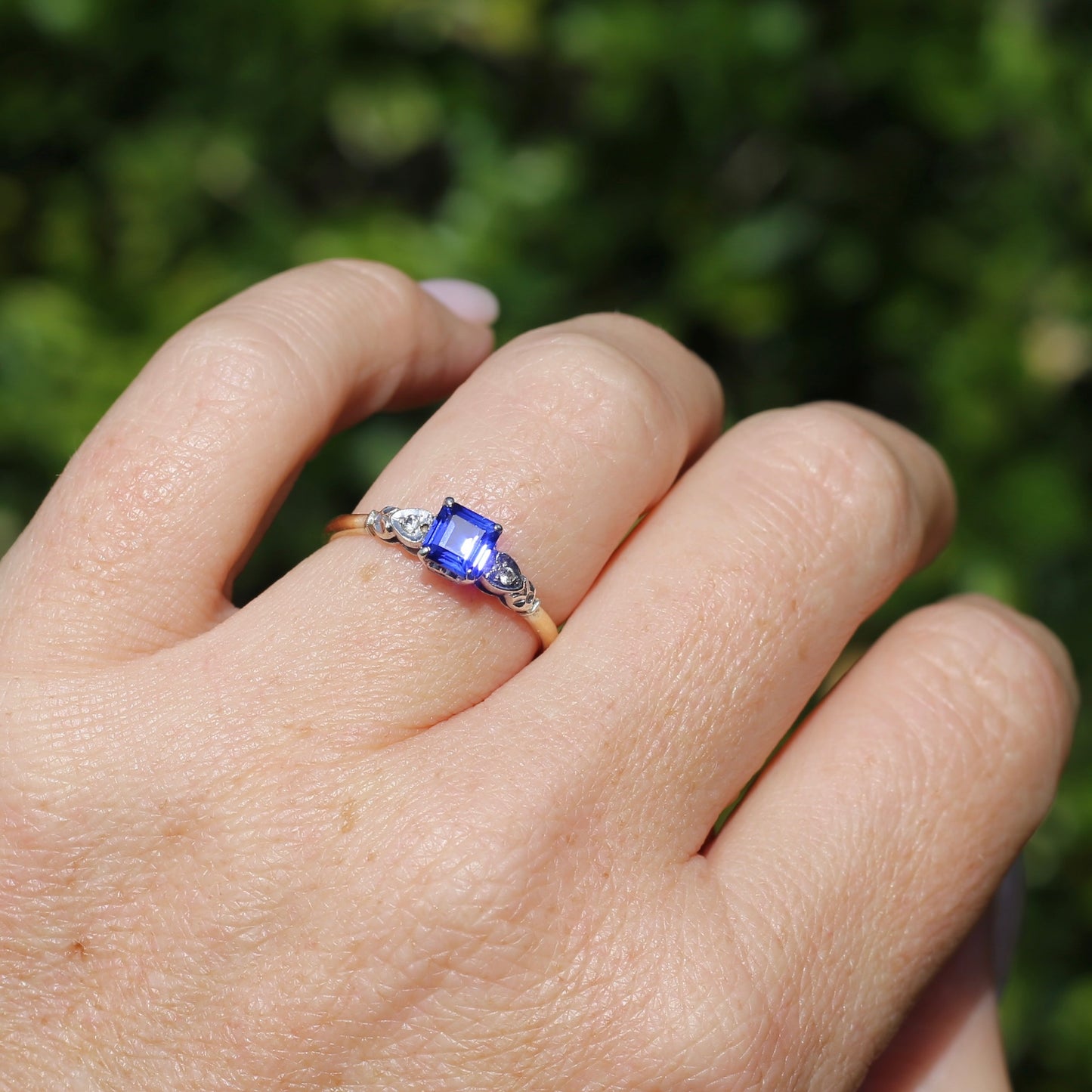 1930s Square Emerald Cut Blue Sapphire, 18ct Yellow and White Gold, size Q1/2 or just over 8.25