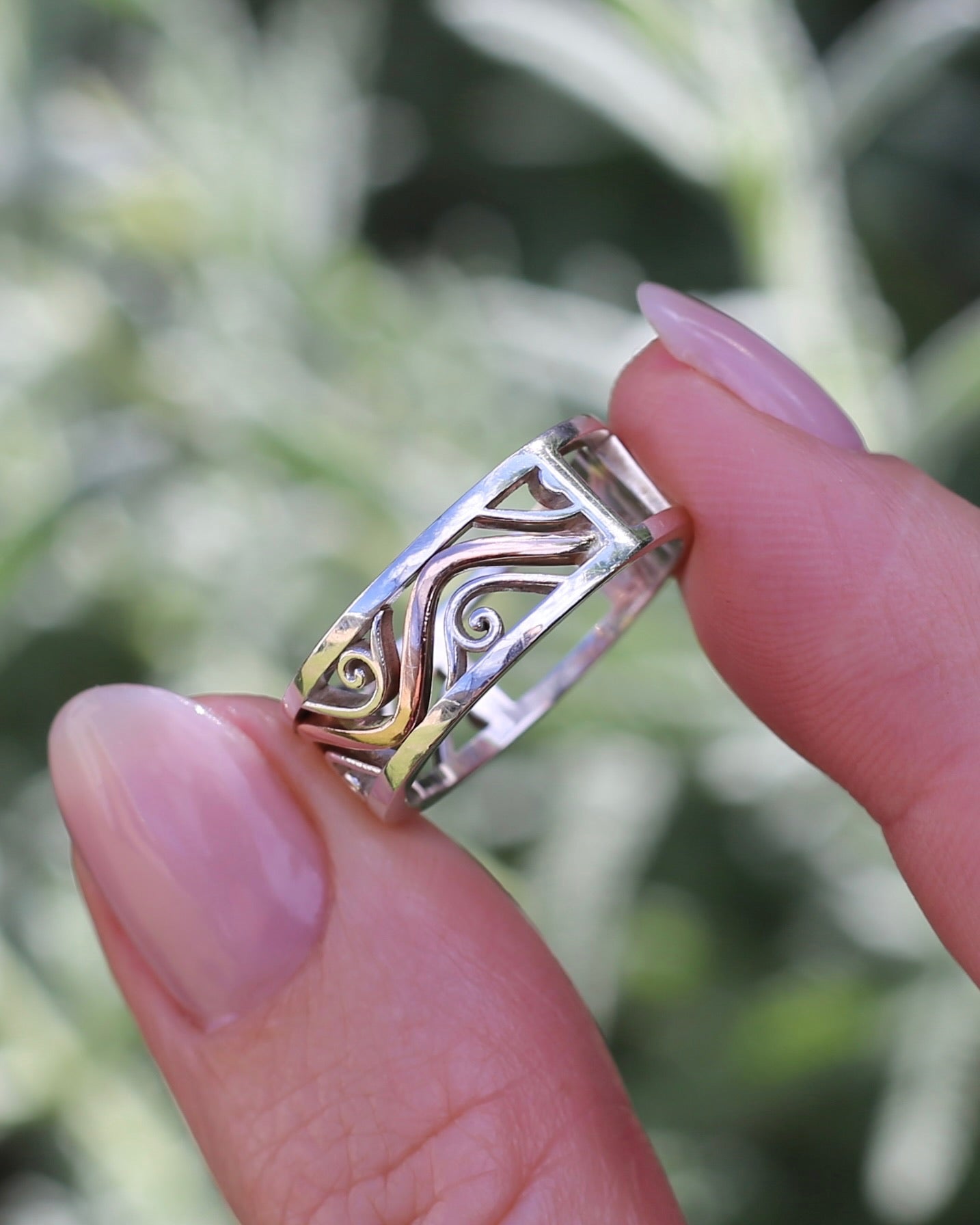Silver and Rose Gold Filigree Swirl Band, Sterling Silver and 9ct Rose Gold, size P or 7.5 (fits more like an O)