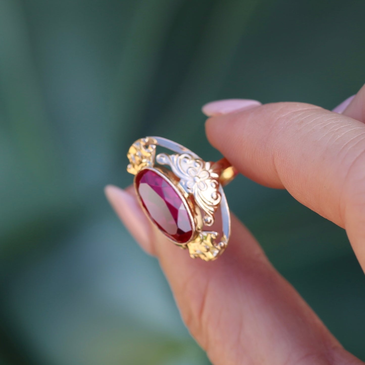 Mid Century Russian Oval Synthetic Ruby in Rosey Gold Floral Setting, 14ct Old Rosey Gold, size N1/2 or 7