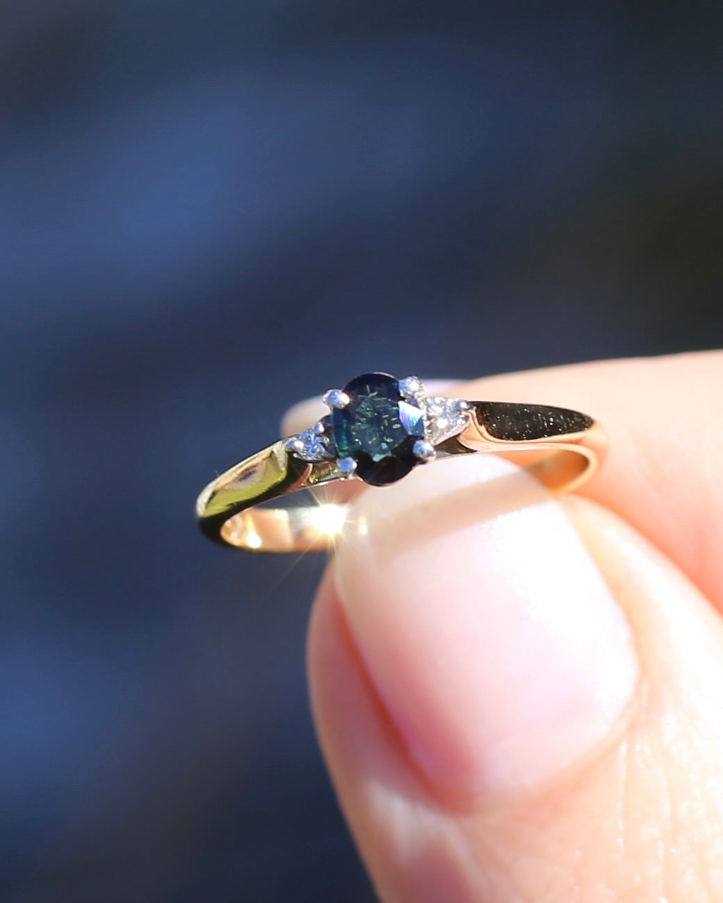 Dark Australian Sapphire and Diamond Dainty Trilogy, 9ct Yellow and White Gold, M1/2 or 6.5, 1.75g