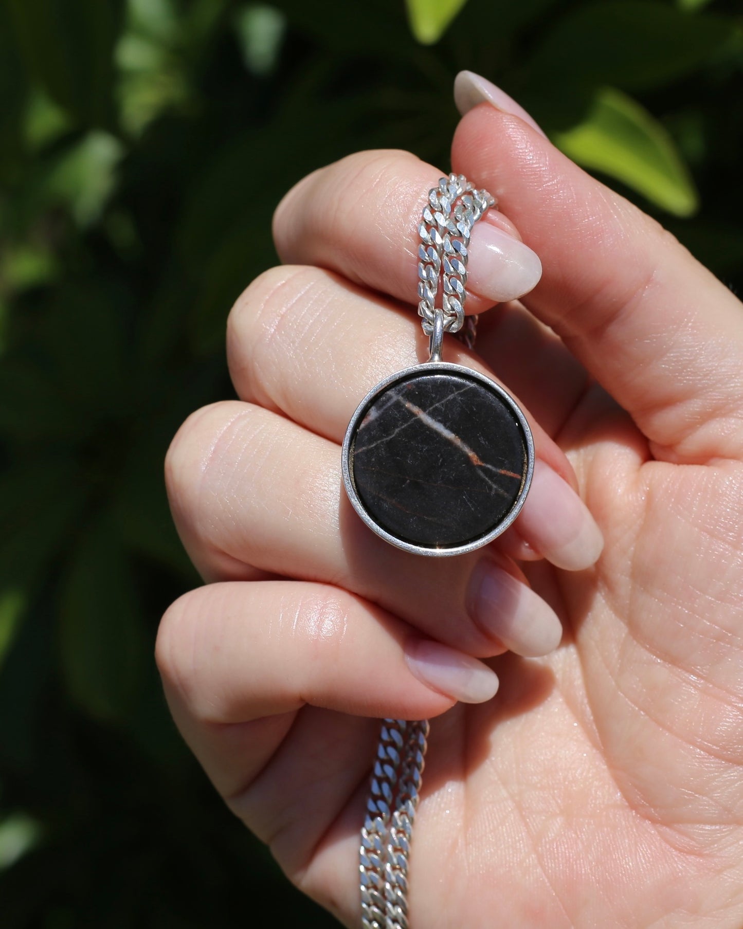 Vintage Chunky Black Agate and Silver Pendant, 13.2g
