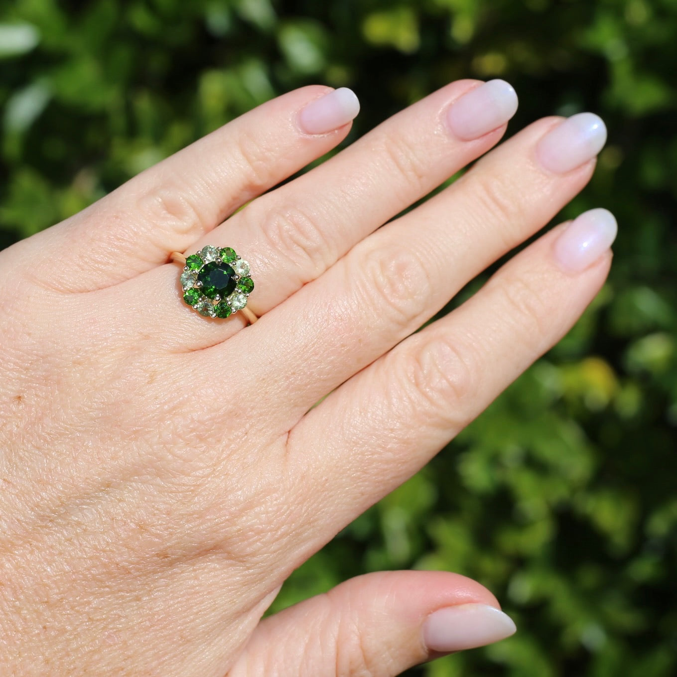 Chrome Diopside and Green Garnet Daisy Cluster Ring, 9ct Yellow Gold, size N1/2 or 7