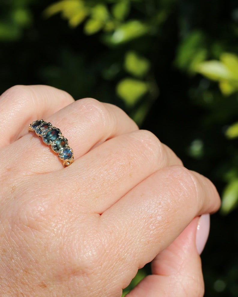 2.08ct Parti Sapphire Five Stone Ring,London Made 1989 9ct yellow Gold, size P1/2 or 8, 3.07g