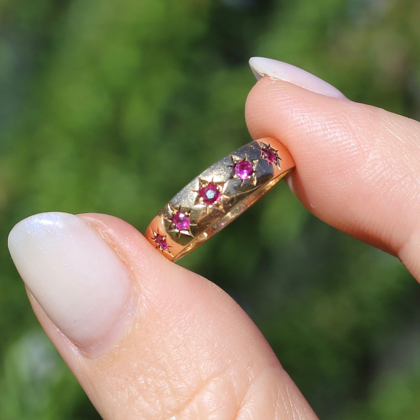 Antique 1891 Five Stone Star Set Old Cut Ruby Ring, 15ct Rosey Gold, size N- N1/2 or 6.75