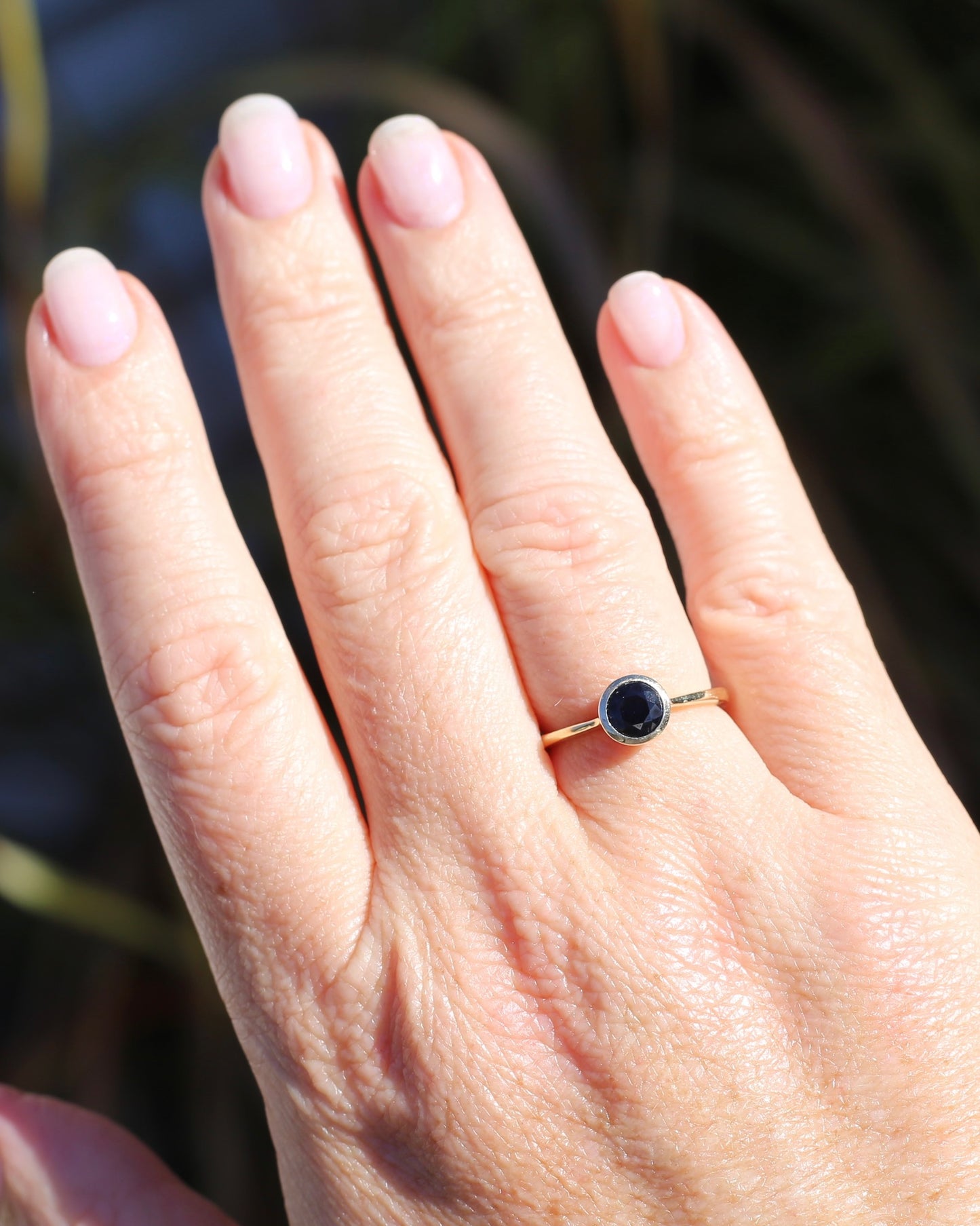 Bezel Set Opaque Navy Sapphire, 9ct Yellow Gold, size O or 7.25