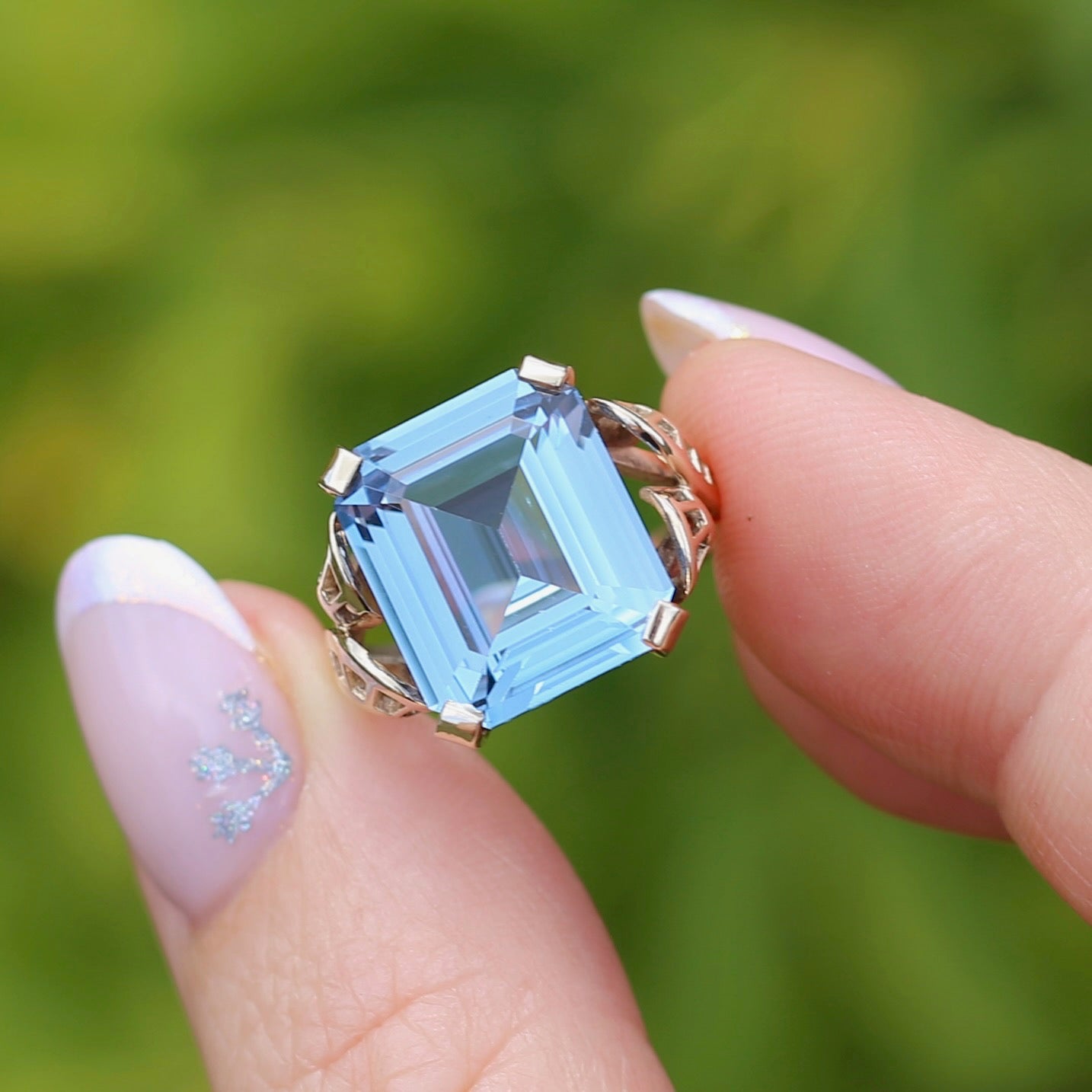 Mid Century Emerald Cut Blue Spinel Cocktail Ring, size N1/2 or 6.75