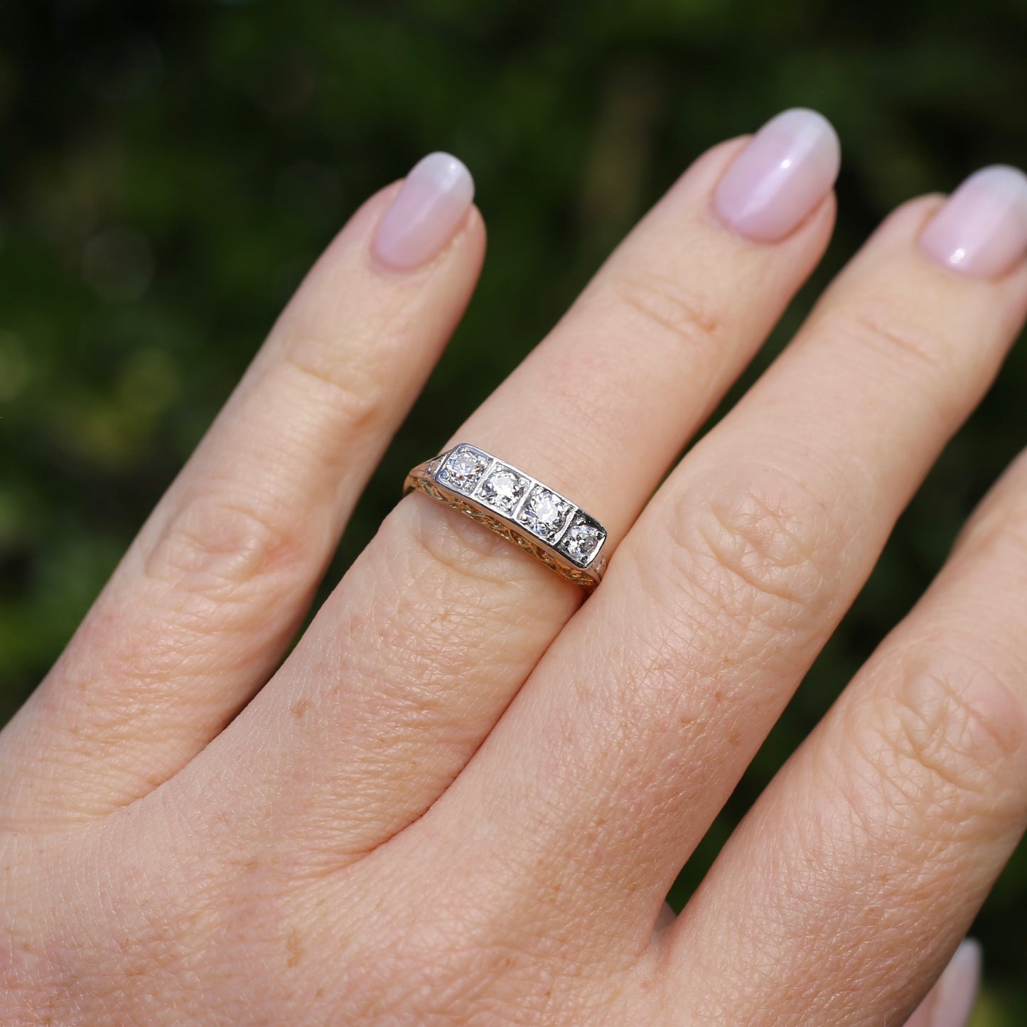 1930s 4 Stone Transitional Cut Diamond Mixed Metal Ring, 18ct Yellow Gold & Platinum, size M or just bigger than 6