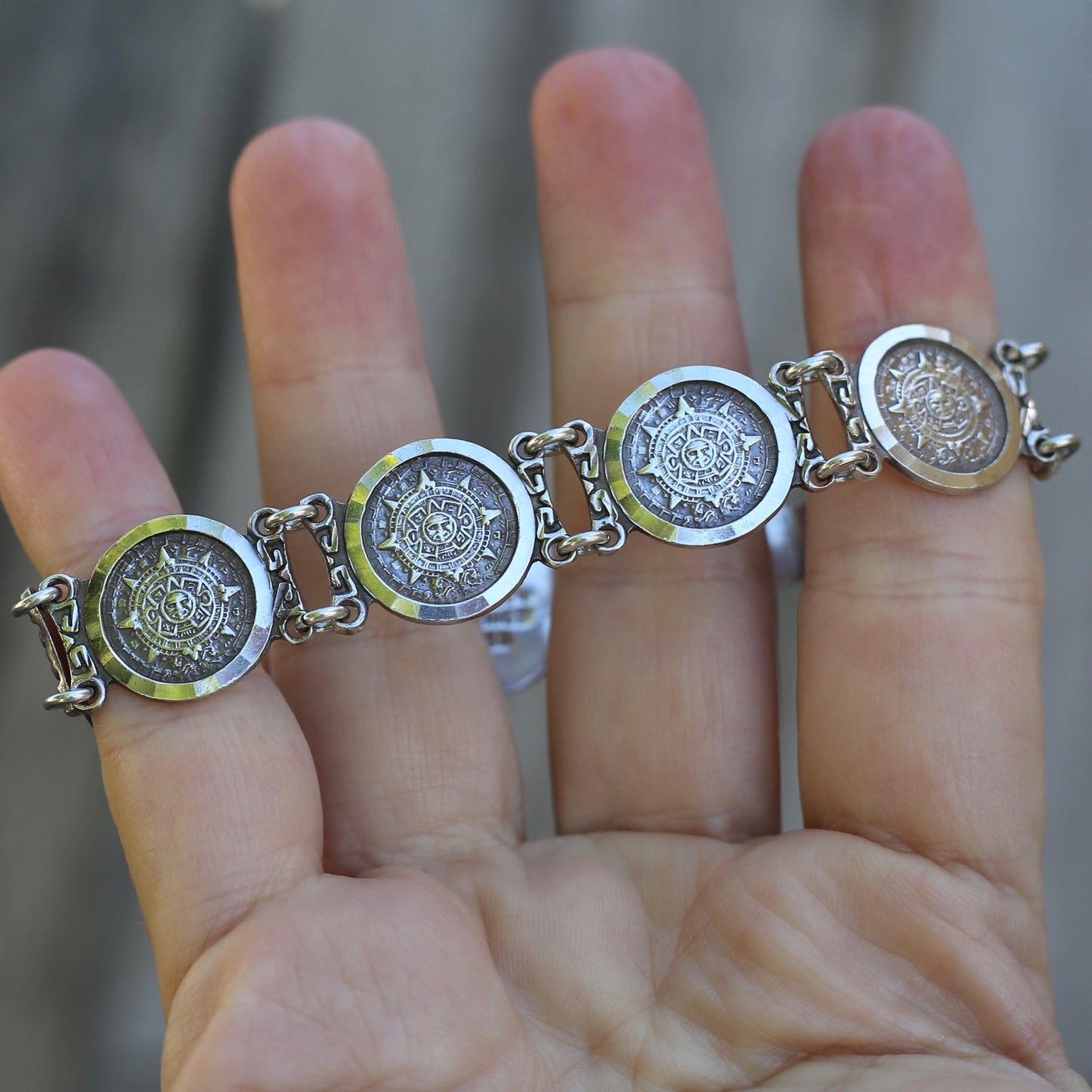 Vintage 1980s Maya Calendar Coin Bracelet, made in Mexico 950 Silver, 20cm or just under 8 inches