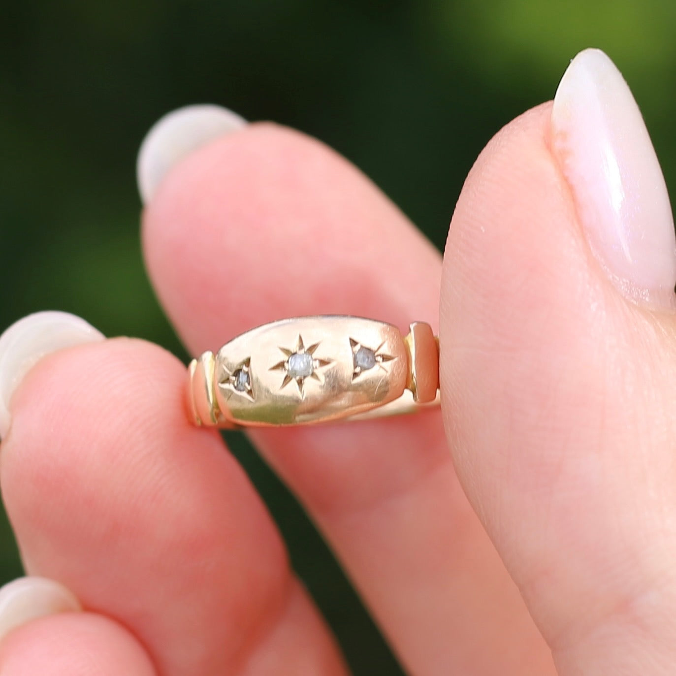 Antique Rose Cut Diamond Trilogy Star Set Ring, 15ct Rosey Gold, size N1/2 or nearly 7