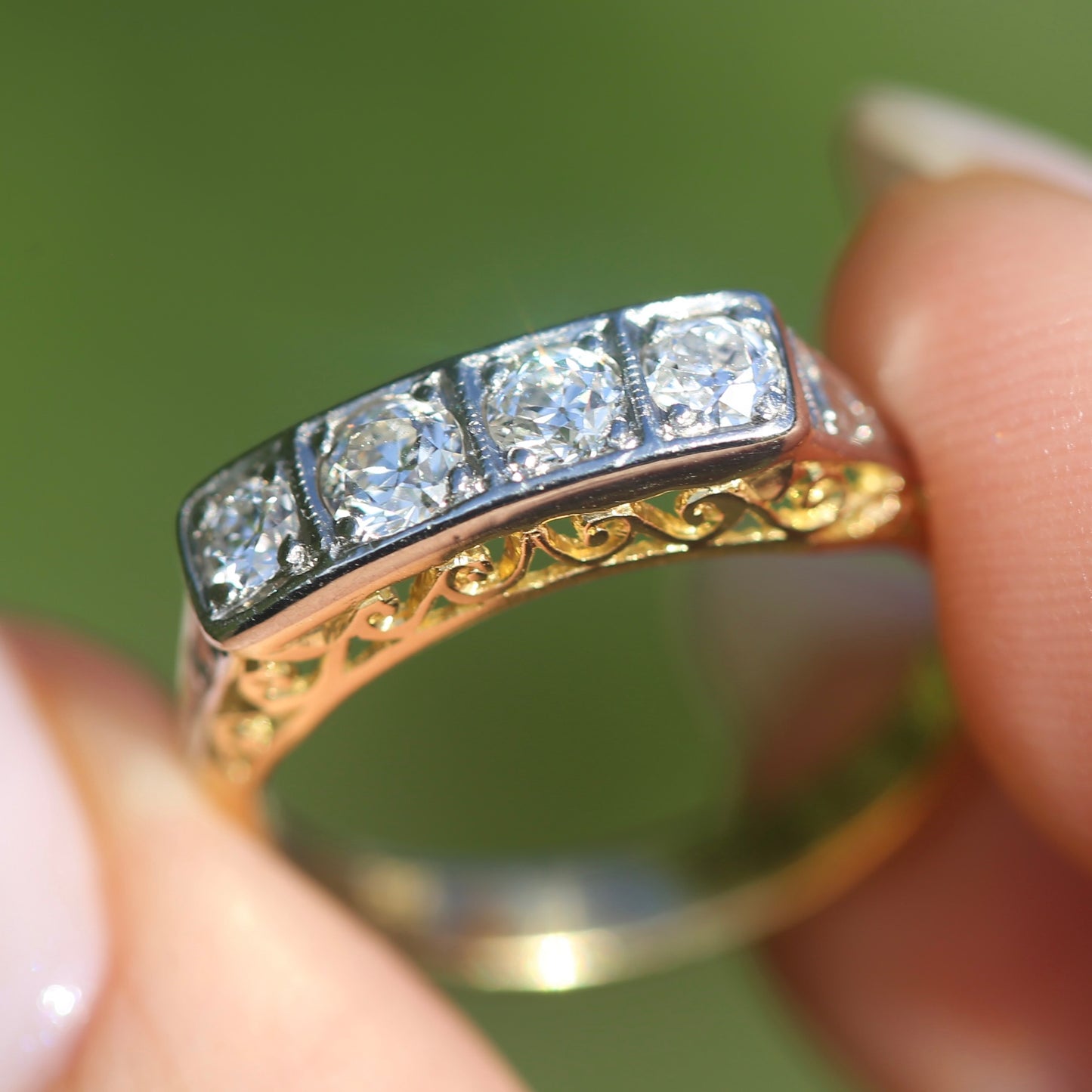 1930s 4 Stone Transitional Cut Diamond Mixed Metal Ring, 18ct Yellow Gold & Platinum, size M or just bigger than 6