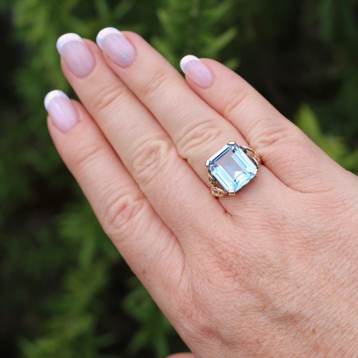 Mid Century Emerald Cut Blue Spinel Cocktail Ring, size N1/2 or 6.75