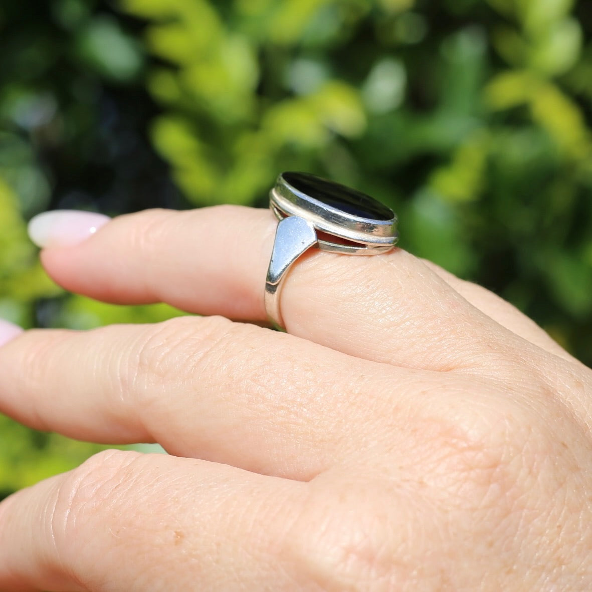 Oval Black Onyx Bezel Set Ring, sterling silver, size L or 5.75