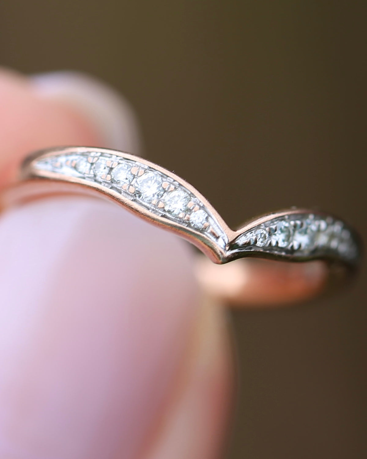 Bead Set Natural Diamond Wishbone Ring, 9ct Rose Gold, size J or 4.75, 1.7g