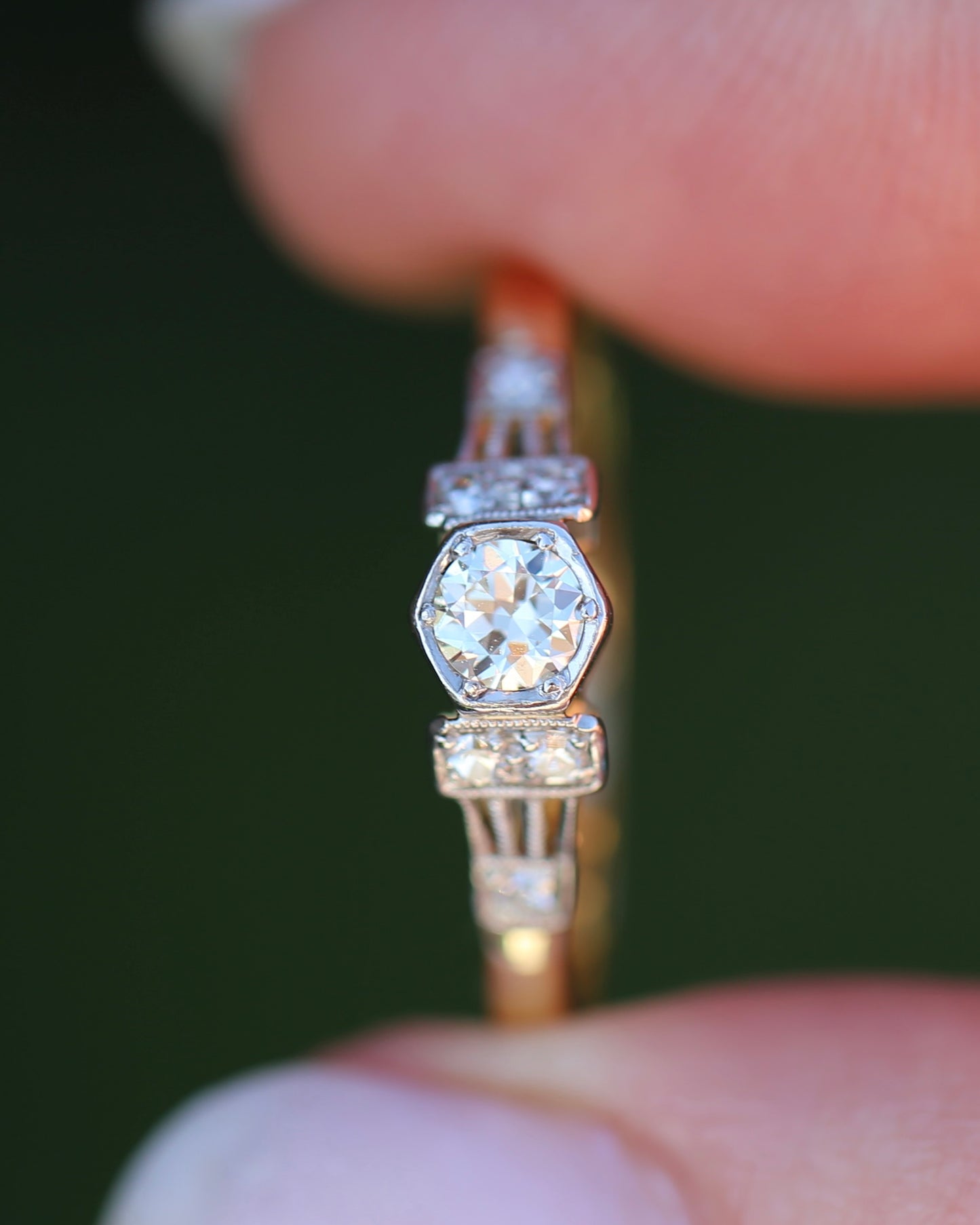 Hexagonal Grain Semi Modern Cut Diamond and Single Cut Diamond Shoulders Ring, 18ct White and Yellow Gold, size P1/2 or 8, 2.58g, with valuation
