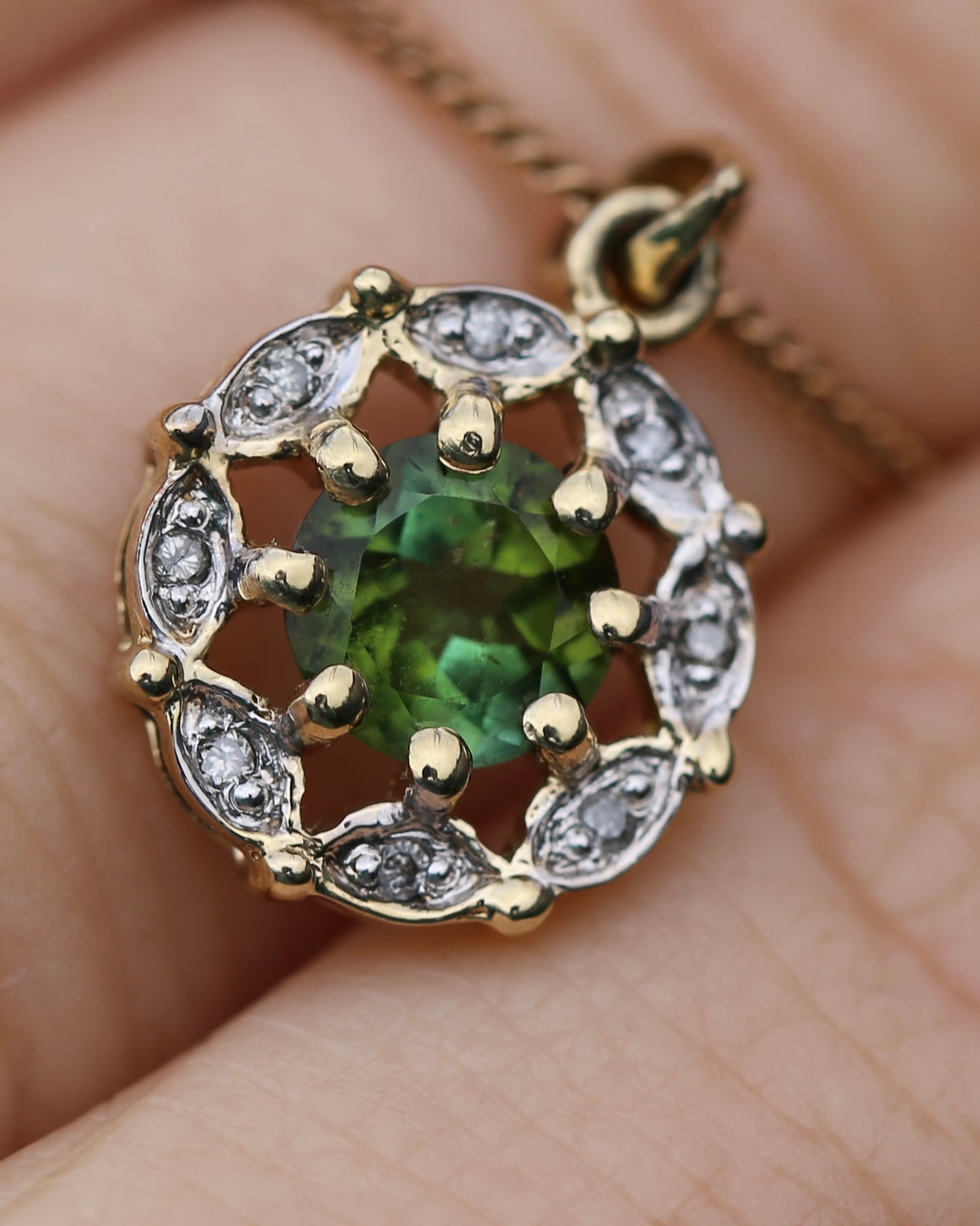 Vintage 0.7ct Green Tourmaline and Diamond Pendant, 9ct Yellow Gold, 1.15g