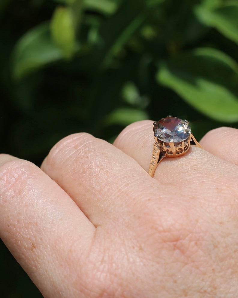 5.68ct Oval Natural Australian Zircon, In 1973 Birmingham Made Ring, 9ct Yellow Gold, size O1/2 or 7.5, 3.41g