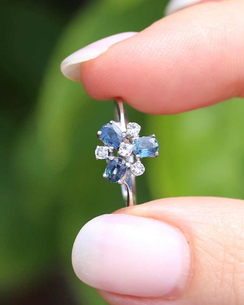 Vintage Parti Sapphire and White Quartz Cluster Ring, 9ct White Gold, size M or just over 6, 1.7g