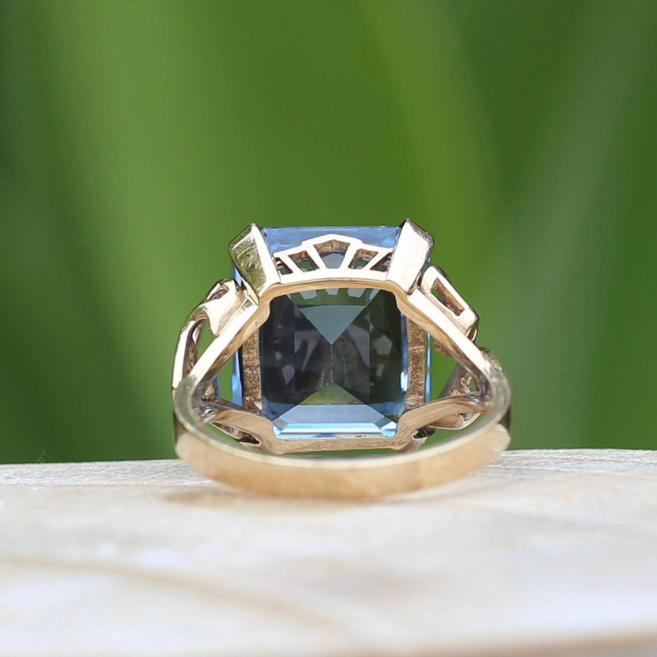 Mid Century Emerald Cut Blue Spinel Cocktail Ring, size N1/2 or 6.75