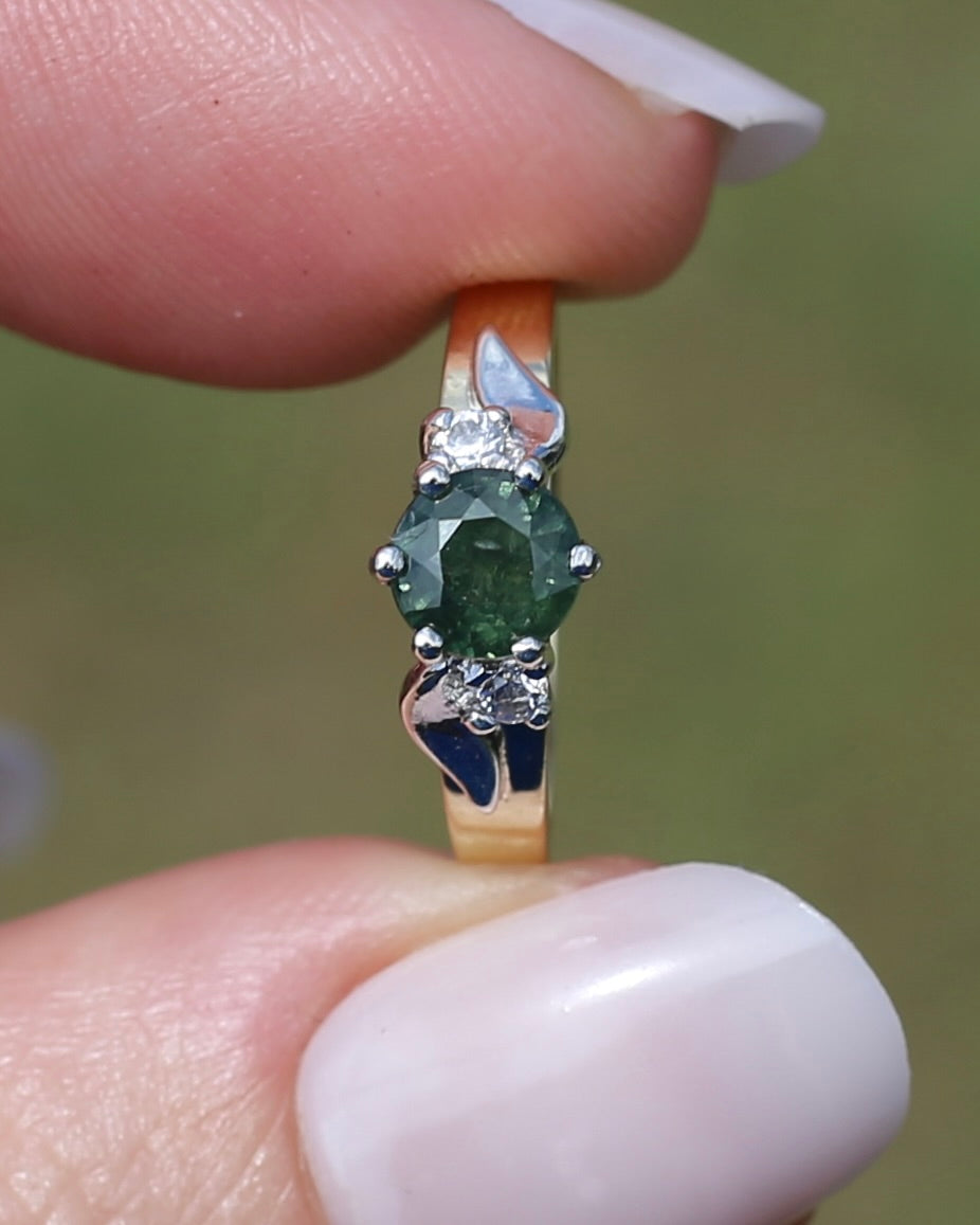 1ct Natural Green Sapphire Ring with White Spinel Side Stones, Silver and 9ct Yellow Gold, size M or 6.25, 2.1g