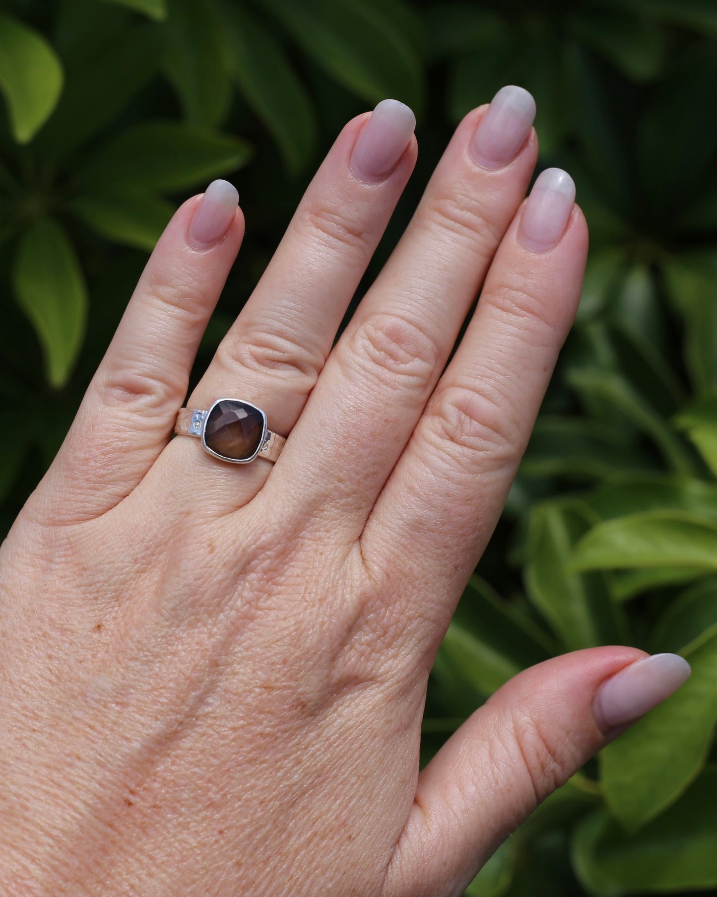 Harlequin Cut Smoky Quartz in Bezel Frame, Sterling Silver, 4.7g, size P1/2 or 8 - fits more like an O-O1/2