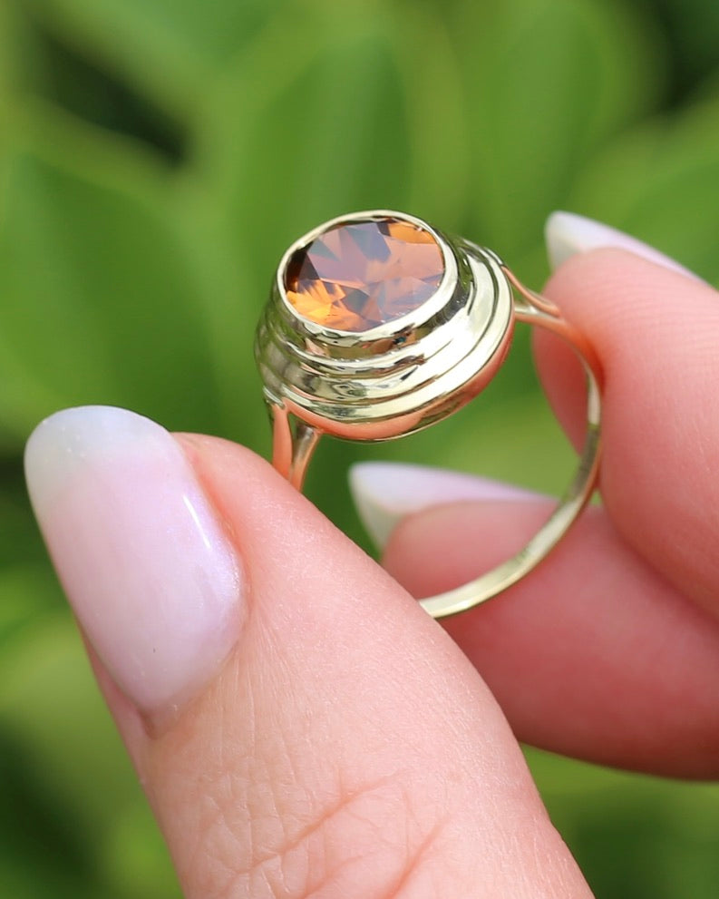5.08ct Bezel Set Tiered Zircon Ring, 9ct Yellow Gold, size P or 7.5, 14ct Yellow Gold, 4.06g