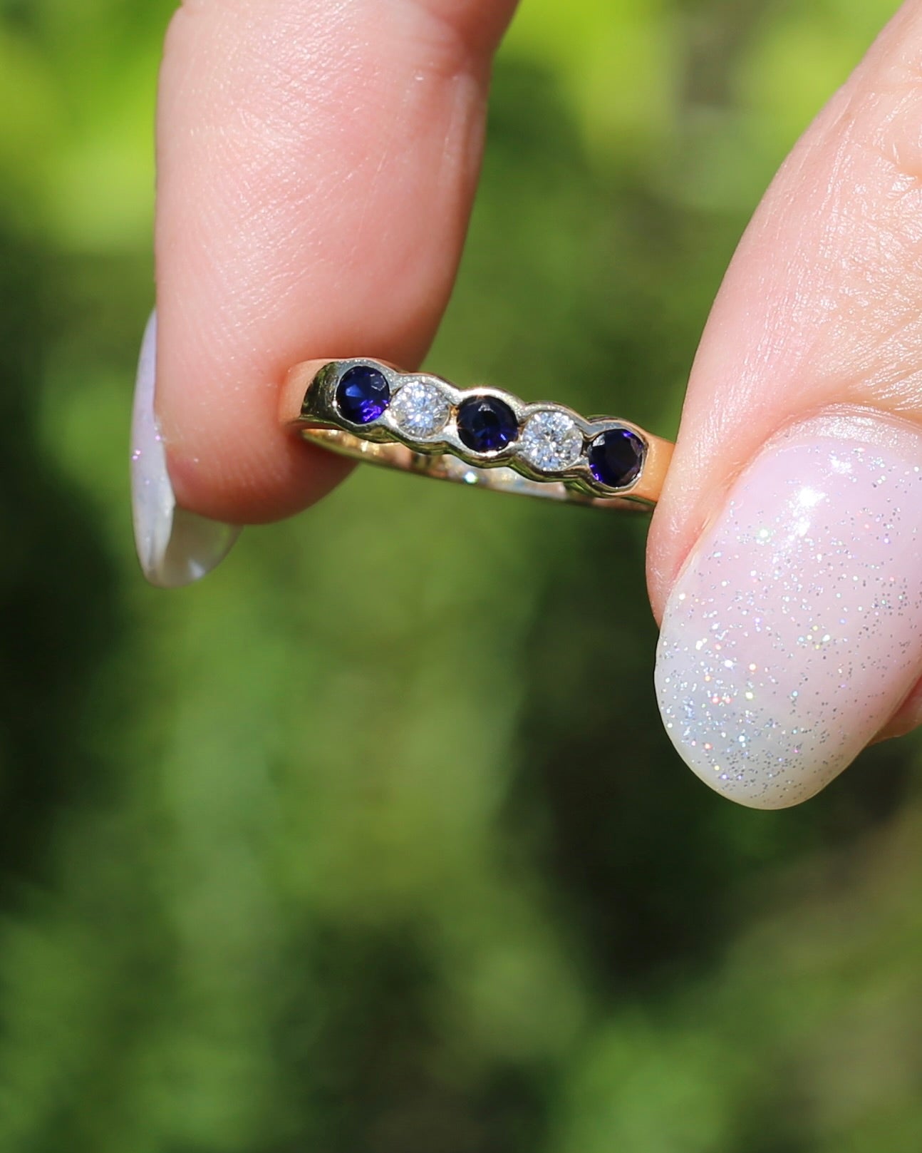 Second Glance - Five Stone Sapphire and Diamond Semi Bezel Ring, 9ct Yellow Gold, approx size N or 6.75 with Arthritis Balls, 2.42g