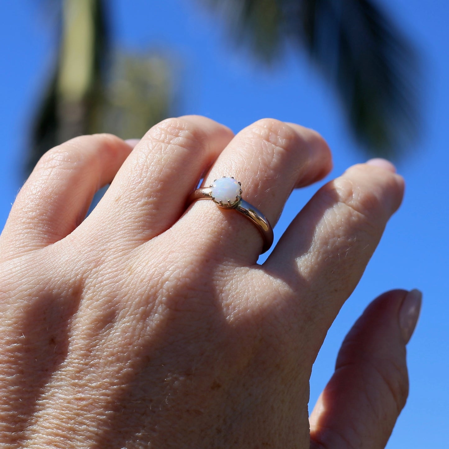 Early Australian 11 Multi Claw White Round Opal Ring, 9ct Old Rosey Gold, size 10 or U